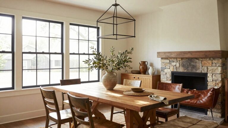 A dining room with a large rectangular wooden trestle table centered under a black metal lantern chandelier, flanked by a leather bench on one side and wooden chairs with leather seats, stone fireplace on one wall, large windows, and a large terracotta pot with olive branches on the table.