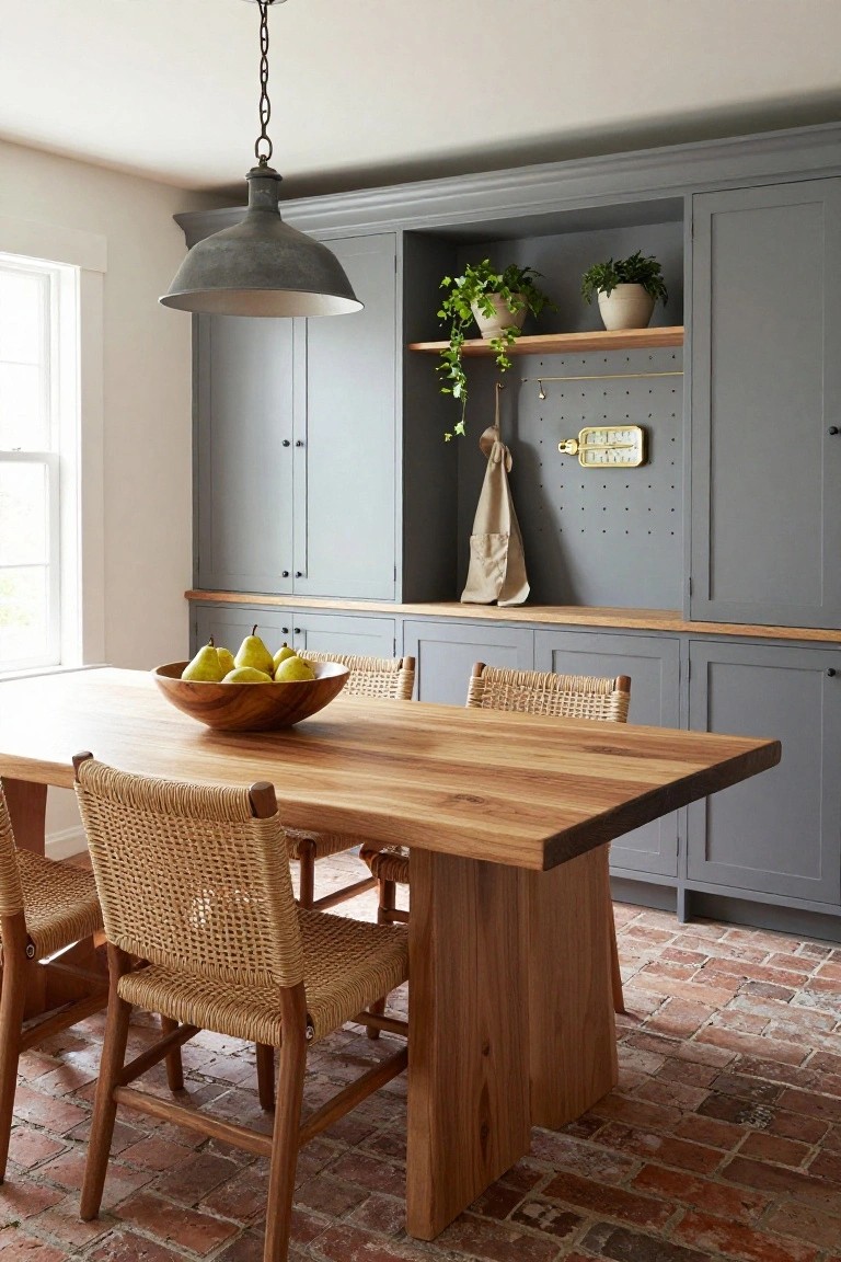 Gray cabinetry with open shelving and pegboard along one wall, wooden dining table centered with bowl of pears and four rattan chairs, brick floor, pendant light overhead.