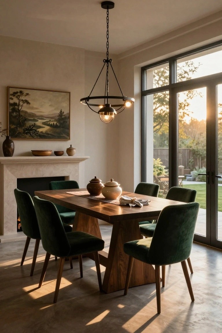 A dining room with a rectangular wooden trestle table surrounded by green velvet chairs, a stone fireplace with pottery on the mantel, a black metal chandelier overhead, and large glass doors opening to a garden.