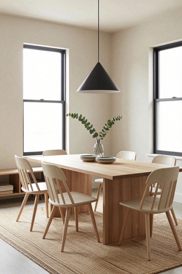 Light oak rectangular dining table with six slat-back chairs in light wood frames and cream-colored seats, centered under a black conical pendant light, with eucalyptus branches in a glass vase and two stacked plates on the table, flanked by black-framed windows in a neutral-walled room with a seagrass rug and wooden sideboard.