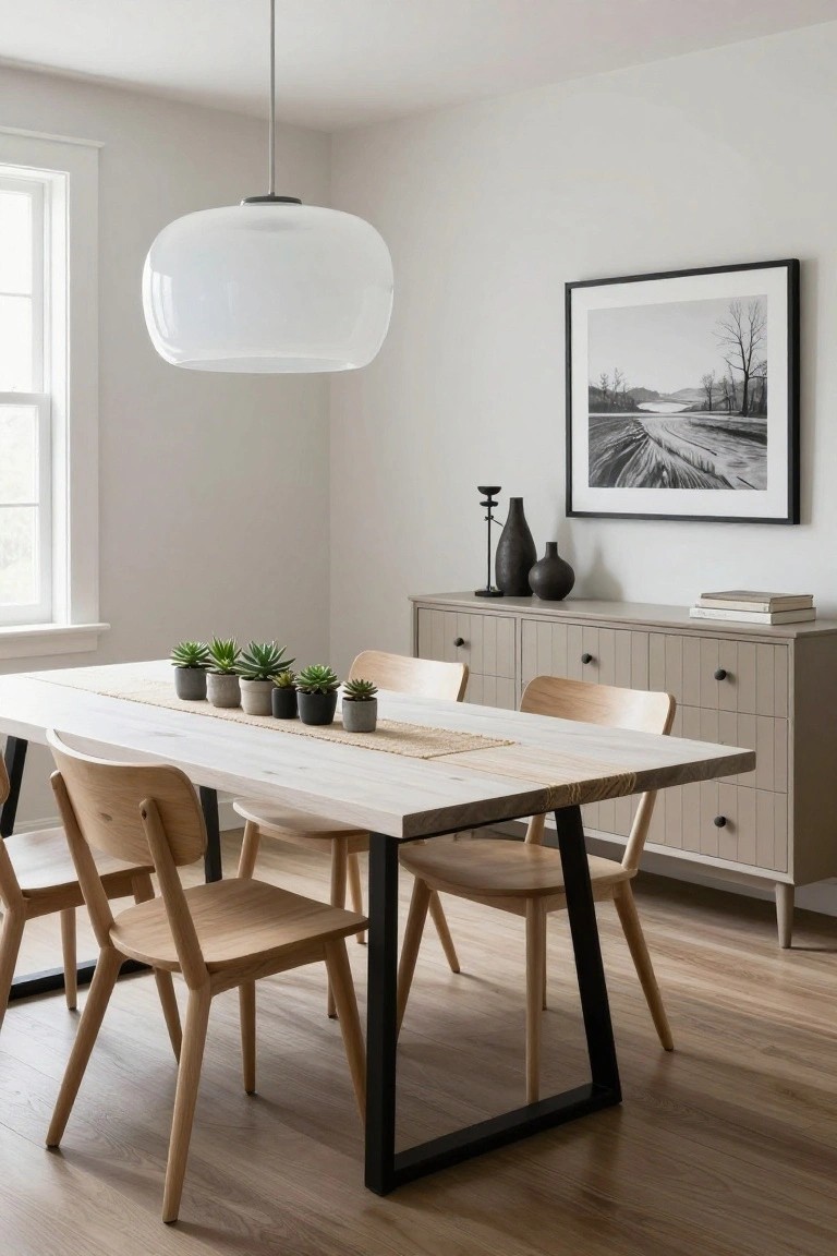 A rectangular dining table made of light wood with black metal legs in a bright room, surrounded by four wooden chairs with angled legs, potted succulents on a jute runner, a gray credenza with black vases and candlesticks, a large white pendant light overhead, and a black-framed landscape photo on the wall.