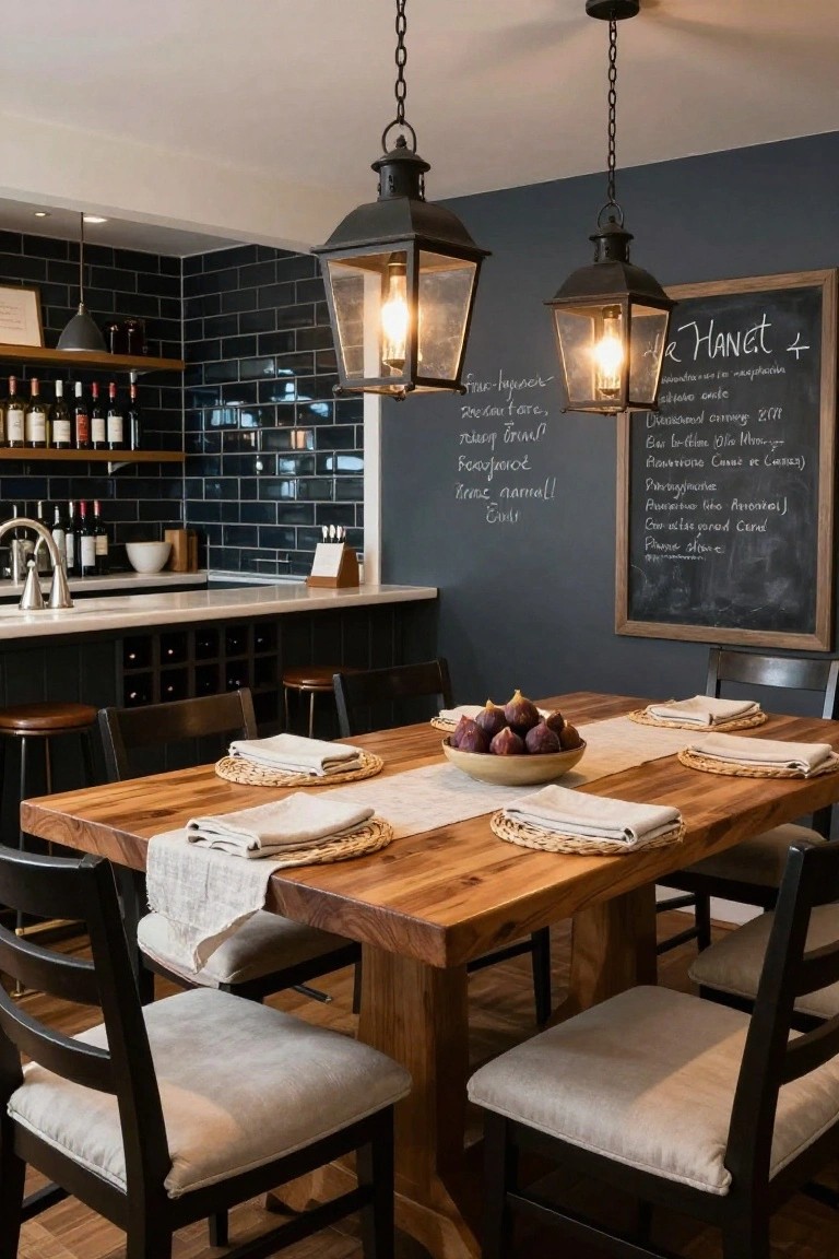 Dining room with dark navy subway tile backsplash, wood trestle table, black chairs with beige cushions, seagrass placemats, bowl of figs, hanging black lantern pendants, and chalkboard menu on the wall.