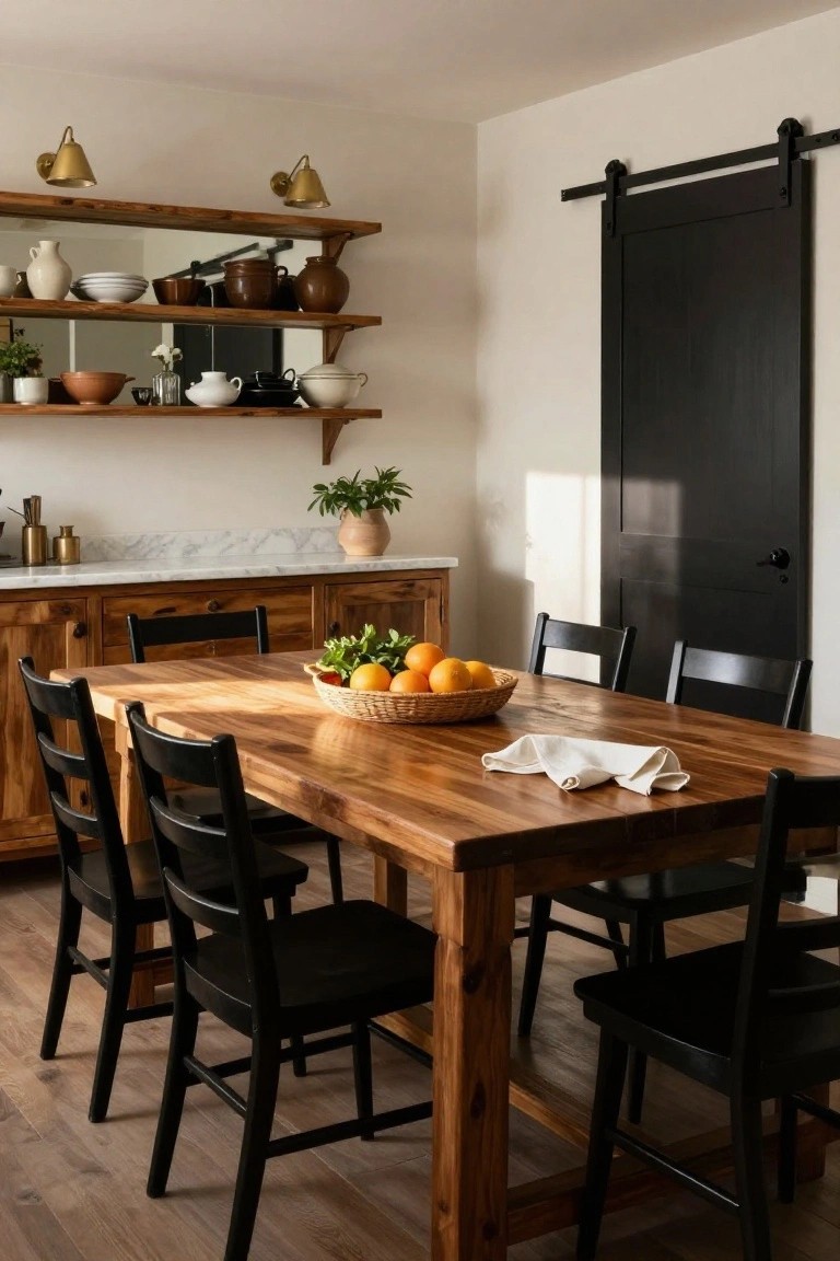 Modern farmhouse dining room with rectangular natural wood table, black chairs around it, woven basket of oranges and greens on table, wood cabinets with marble top, open wood shelves displaying pottery and plants, black sliding barn door.