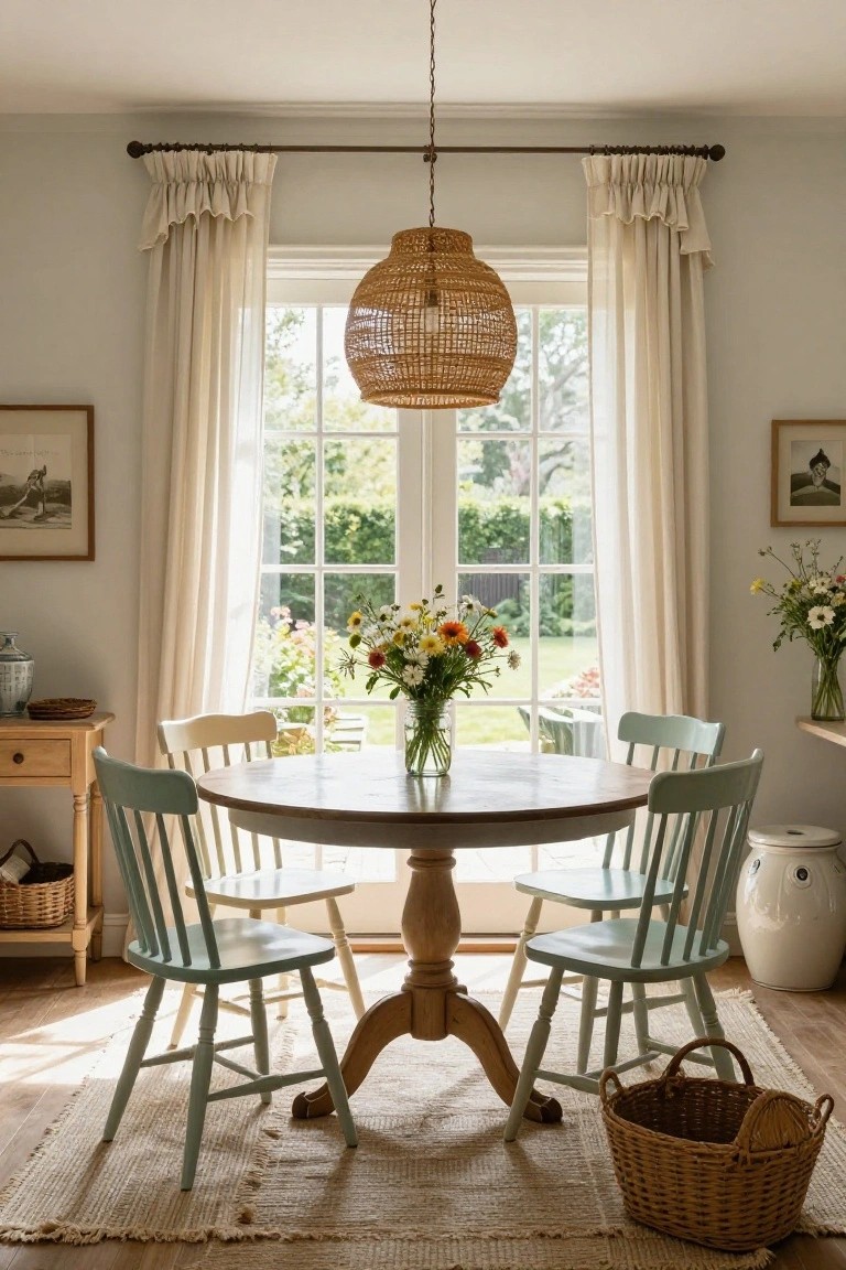A sunlit dining room with a round wooden pedestal table, mint green ladderback chairs, woven rattan pendant light overhead, sheer linen curtains on large multipane windows overlooking a garden, vases of mixed wildflowers, wicker baskets, and white ceramic pots.