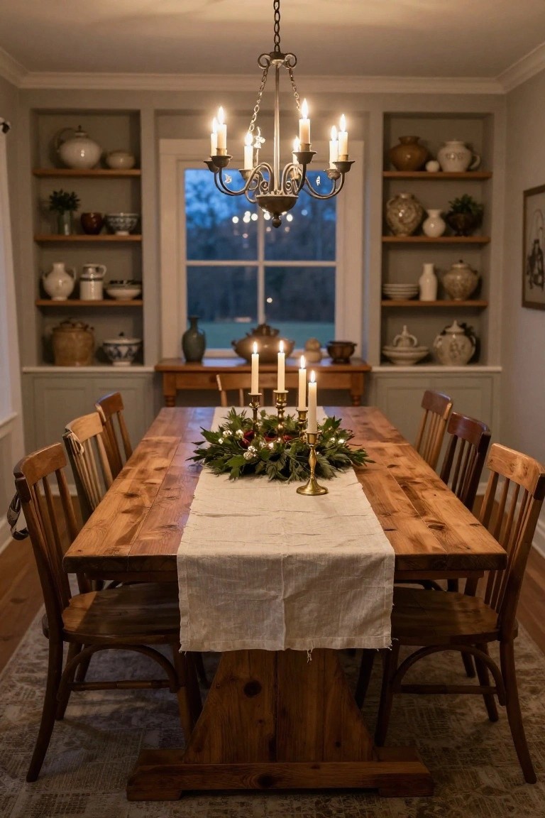 A dining room with a long rectangular wooden table covered in a white runner and topped by an evergreen garland with berries and lit candles in gold candelabras, wooden chairs around it, candle chandelier overhead, and built-in gray cabinets with pottery on shelves.