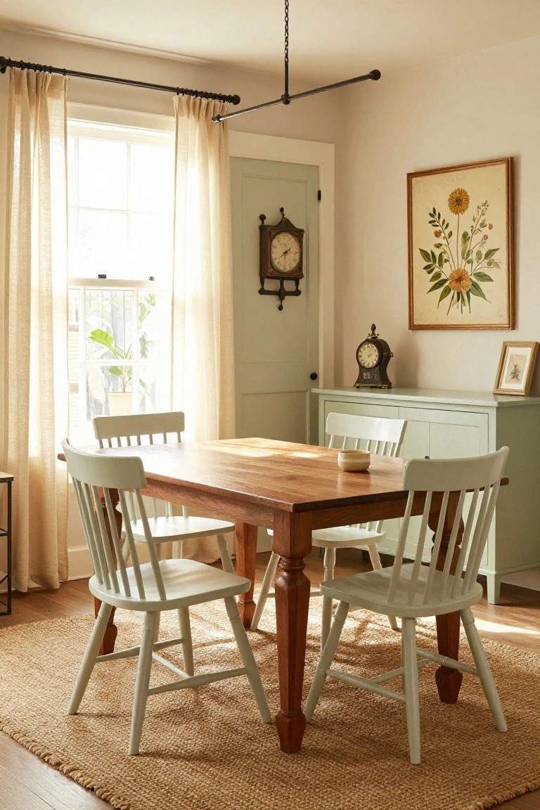 Dining room with rectangular wooden table, four white ladderback chairs, mint green credenza holding clocks and bowl, beige walls, sheer curtains on window, and jute rug.