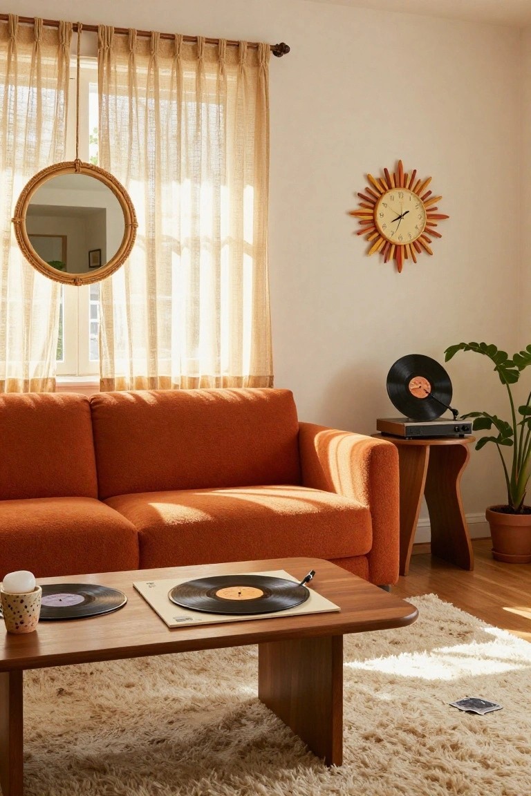 Living room with burnt orange sofa, wooden coffee table holding vinyl records and a cup, turntable on side table next to plants, rattan mirror, sunburst wall clock, and sheer curtains over window.