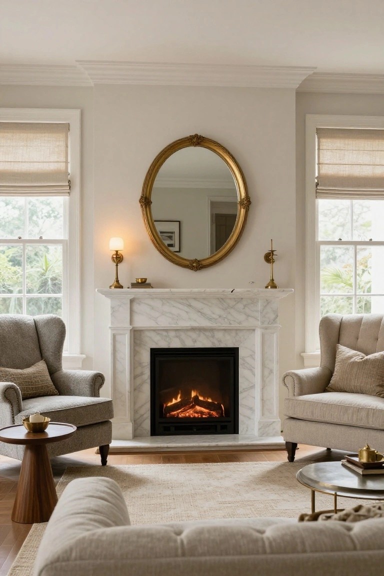 Living room with white marble fireplace and gas fire as focal point, flanked by gray wingback chairs on either side, beige sofa in foreground, gold oval mirror above mantel, linen roman shades on windows, and neutral area rug.