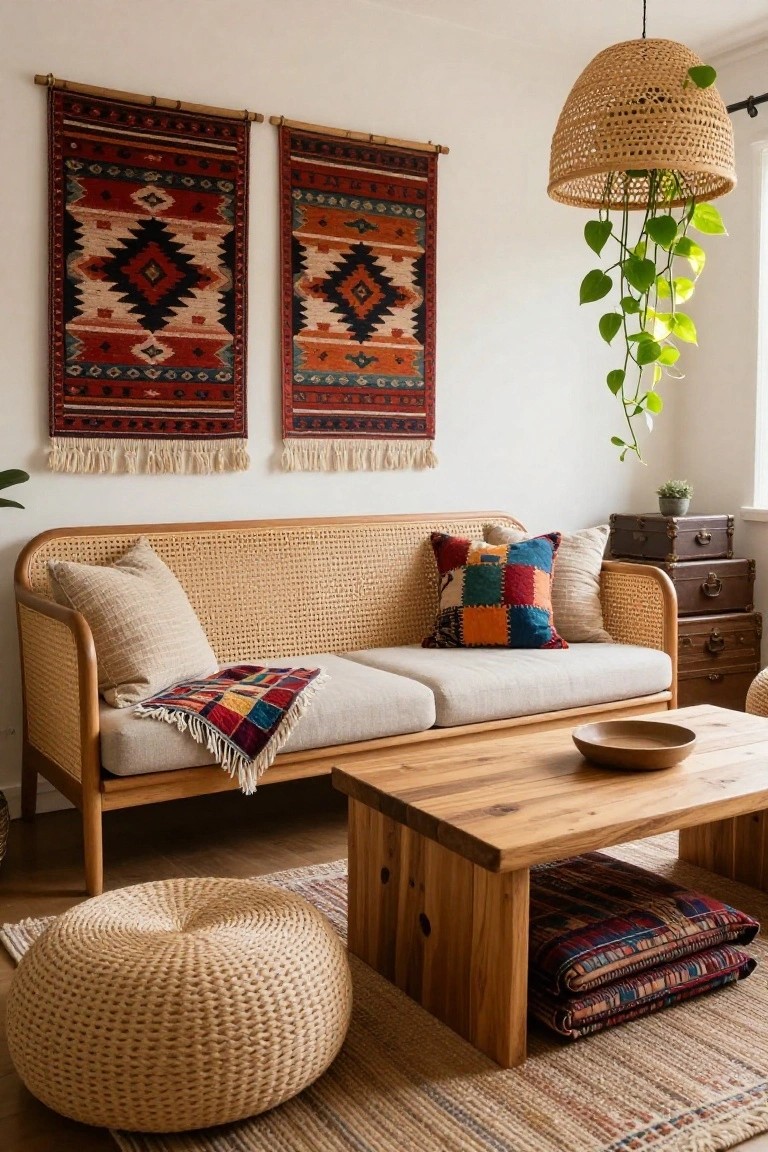 Beige rattan sofa with cream pillows, colorful patchwork pillows and throw, low wooden coffee table with wooden bowl, rattan pouf, wall-hung red and beige tapestries, rattan pendant light with hanging pothos plant, small potted succulent, and seagrass rug in a light-filled living room.