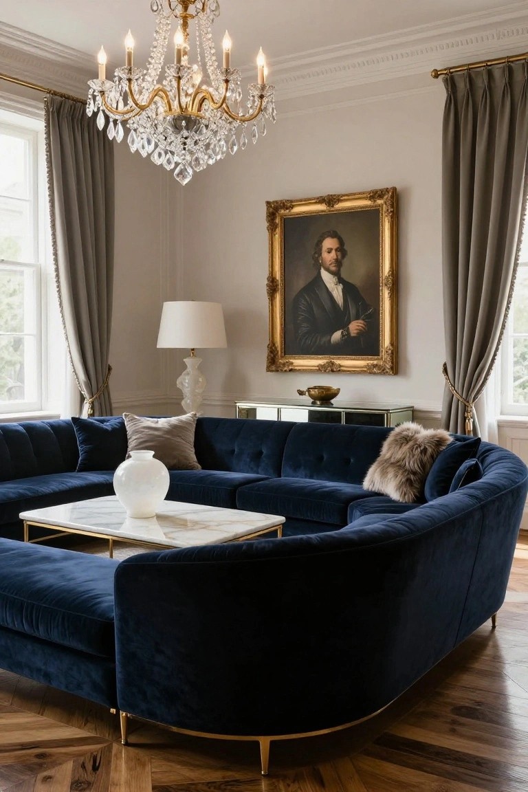 Elegant living room with large curved navy blue velvet sectional sofa, white marble coffee table, cream lamp, gold-framed portrait on wall, crystal chandelier, and gray curtains beside windows on parquet wood floor.