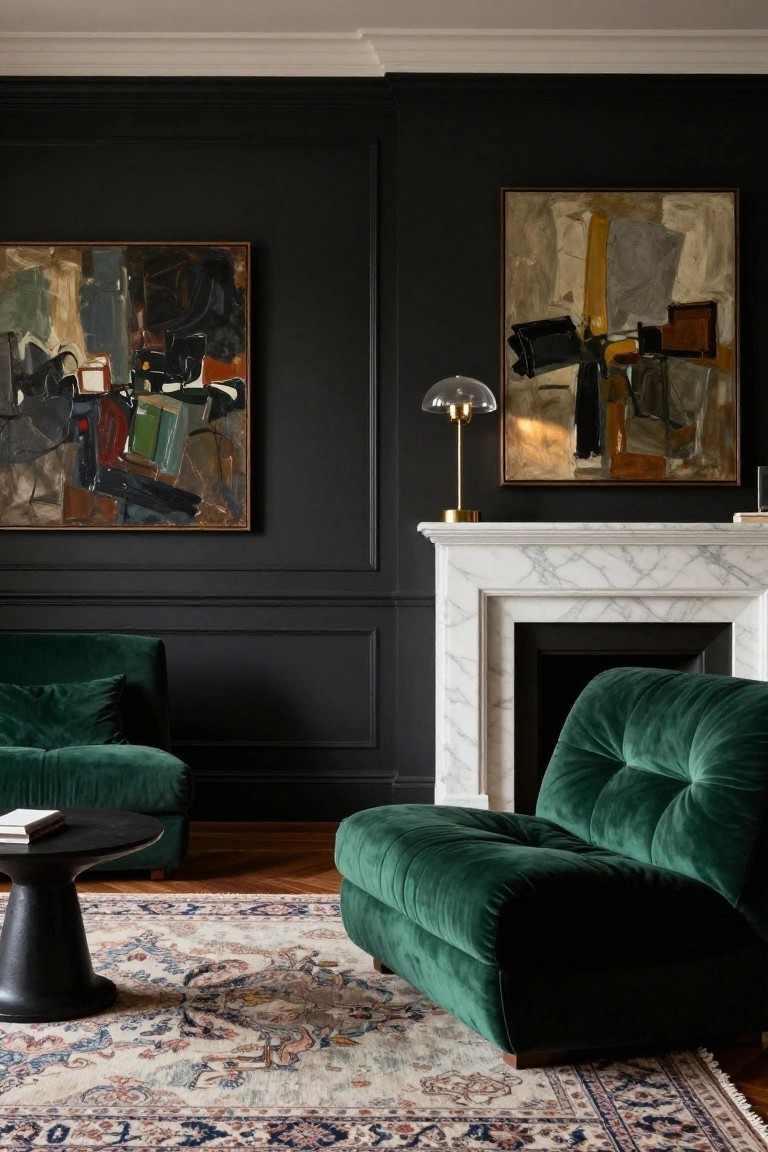 Living room with black paneled walls, two large abstract paintings above a white marble fireplace topped with a gold globe lamp and books, black side table, oriental rug, and two tufted emerald green velvet sofas.