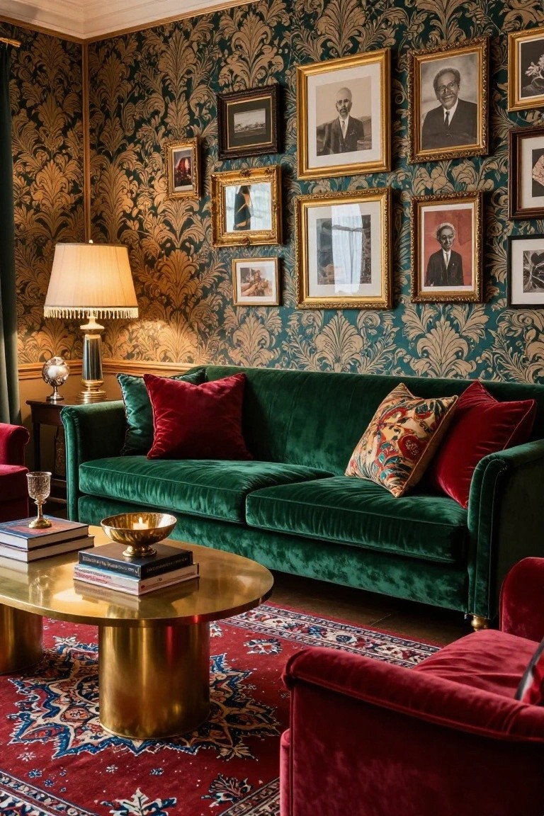 Emerald green velvet sofa on a red patterned rug in a room with green damask wallpaper, gold-framed portraits, brass coffee table, and table lamps.