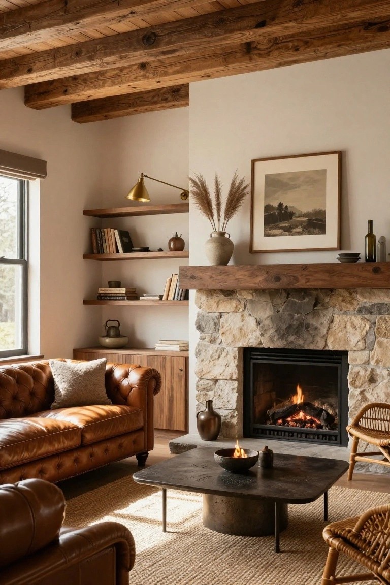 Living room with dark exposed wooden ceiling beams, light walls, wooden floating shelves with books and pottery, stone fireplace with gas fire, brown tufted leather sofa, black metal coffee table, seagrass rug, and rattan chair.