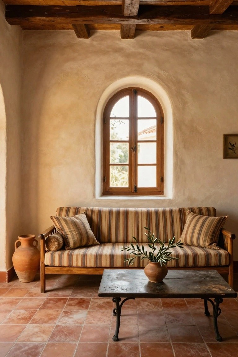A sunlit living room interior with beige stucco walls, exposed dark wooden ceiling beams, an arched wooden window, a striped upholstered sofa, wooden coffee table holding olive branches in a terracotta pot, large terracotta vase, and red terracotta tile floor.