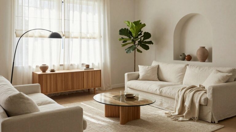 Bright living room with white walls, sheer curtains, arched black floor lamp, wooden media console, round wooden coffee table, beige sofa with throw, fiddle leaf fig plant, and arched wall niche holding a ceramic vase.