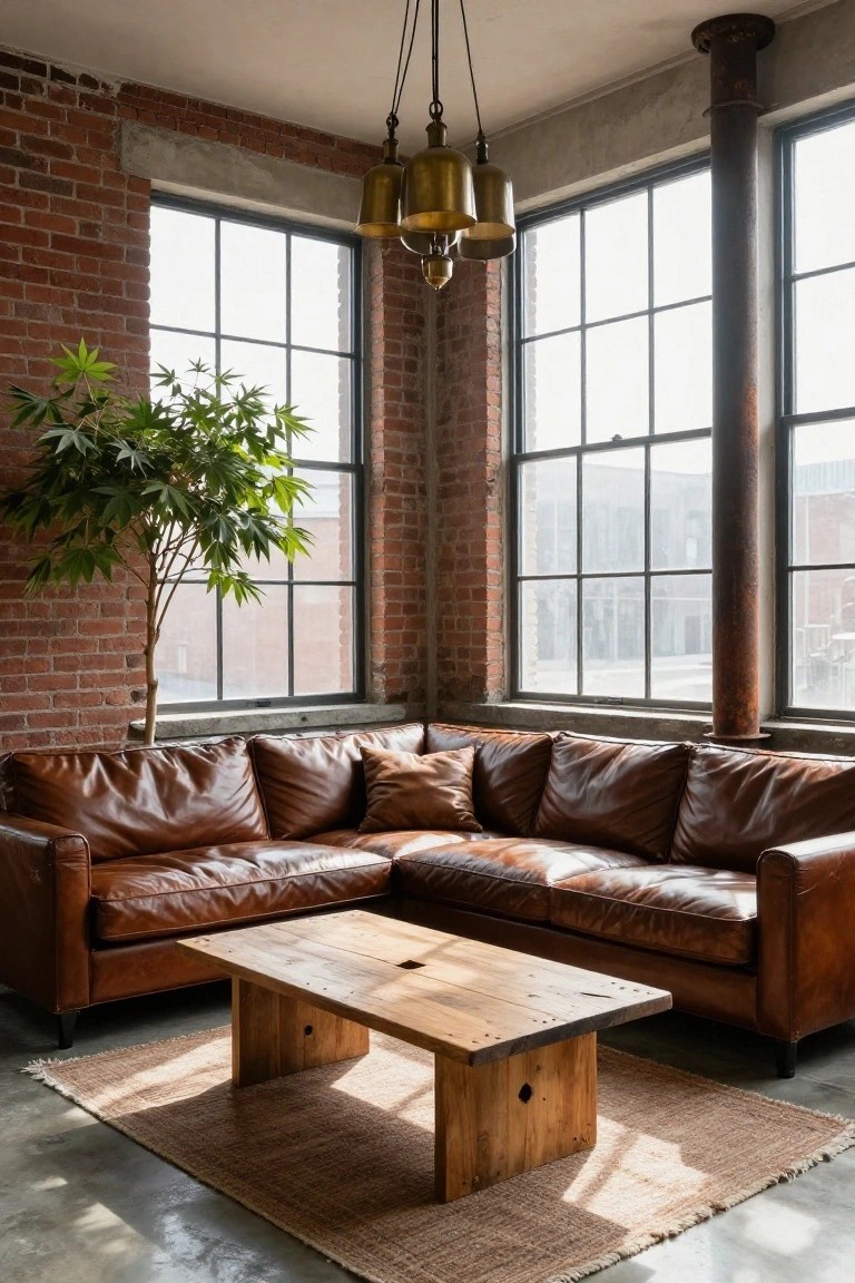 Corner of an industrial living room with exposed brick walls, large metal-framed windows, brown leather L-shaped sofa, wooden coffee table, potted tree, seagrass rug, and hanging pendant lights over polished concrete floor.
