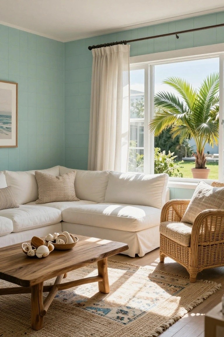 Living room with light turquoise paneled walls, white L-shaped sofa with beige pillows, rattan armchair, wooden coffee table topped with seashells in bowls, sheer curtains on large windows overlooking palm tree and garden.