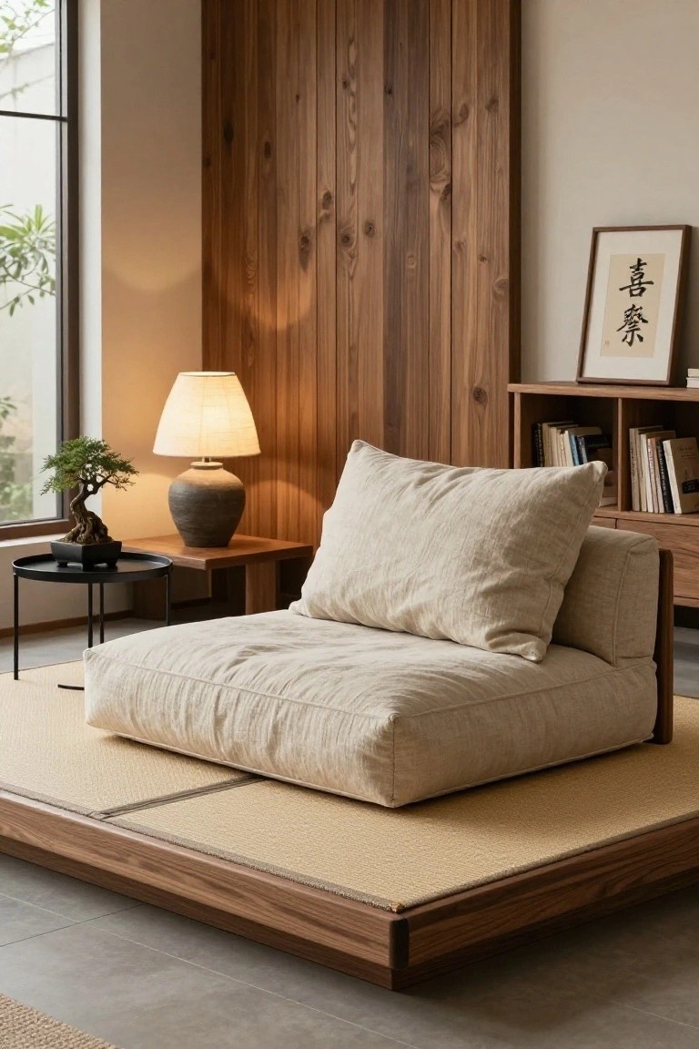 Minimalist indoor living room corner featuring a low cream linen sofa on a raised wooden-framed tatami mat platform, with wooden wall paneling, a side table holding a lamp and bonsai tree, and nearby bookshelves.