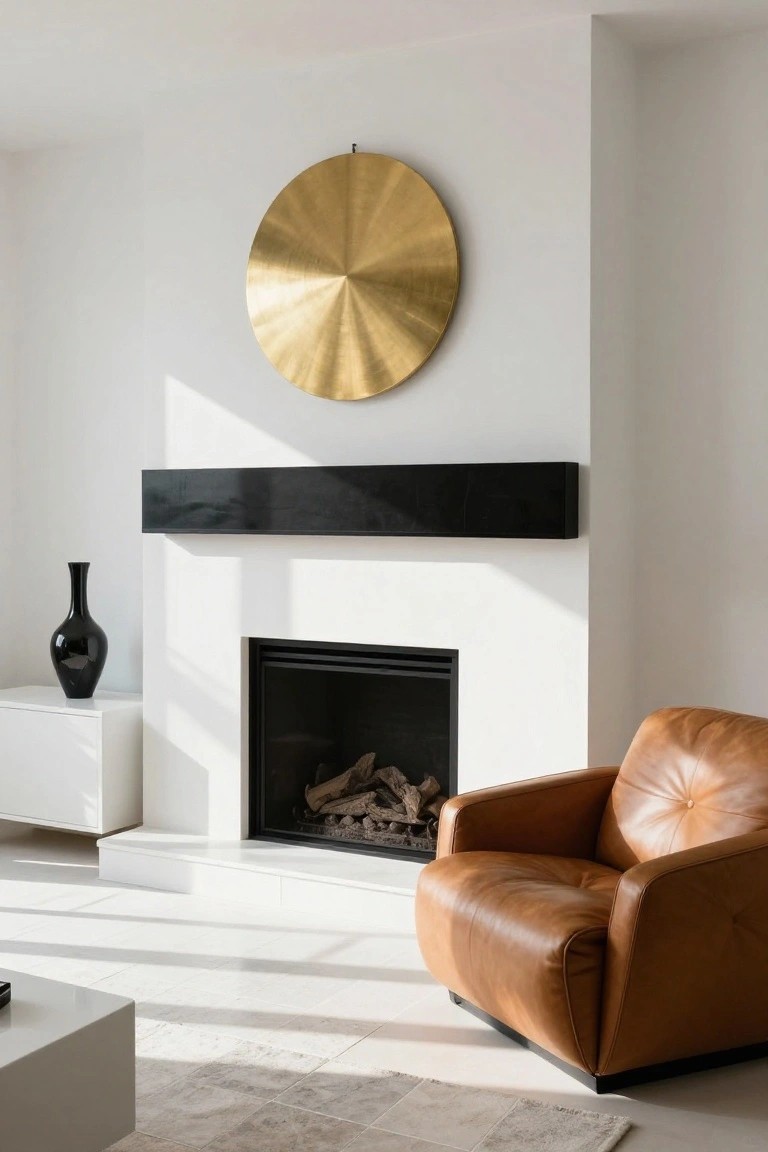 Modern living room with white walls and floor, black wood mantel over gas fireplace with logs, large gold sunburst wall disc above mantel, black vase on white side table, tan leather armchair, and white coffee table on light gray rug.