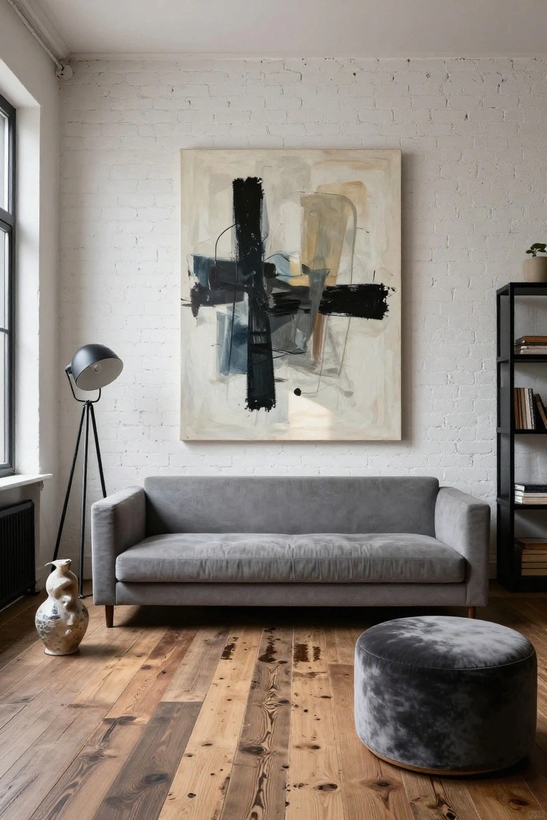 Living room with exposed white brick walls, large abstract painting, gray velvet sofa and pouf, black arc floor lamp, black metal shelves with books, white ceramic vase, and reclaimed wood floors.