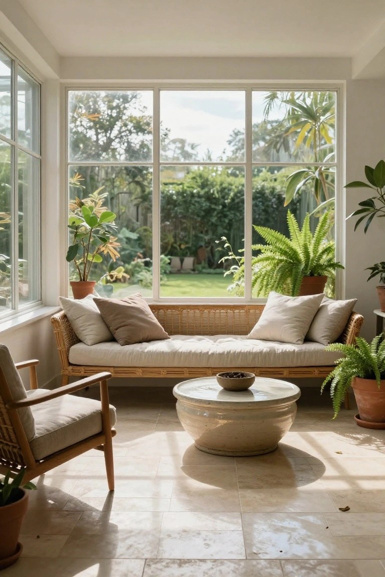 Sunroom with rattan daybed topped by beige and tan cushions, rattan armchair, white ceramic pedestal table holding a bowl, multiple potted plants including ferns and palms, large windows showing garden view, on light beige tile floor.