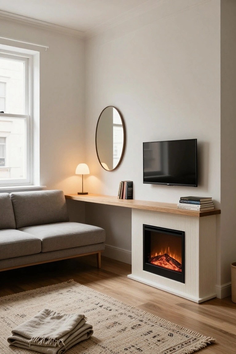 Living room corner with light gray sofa on wood floor, white electric fireplace with orange flames, wooden shelf above fireplace holding stacked books and white lamp, wall-mounted black TV, round gold mirror, and white-framed window.