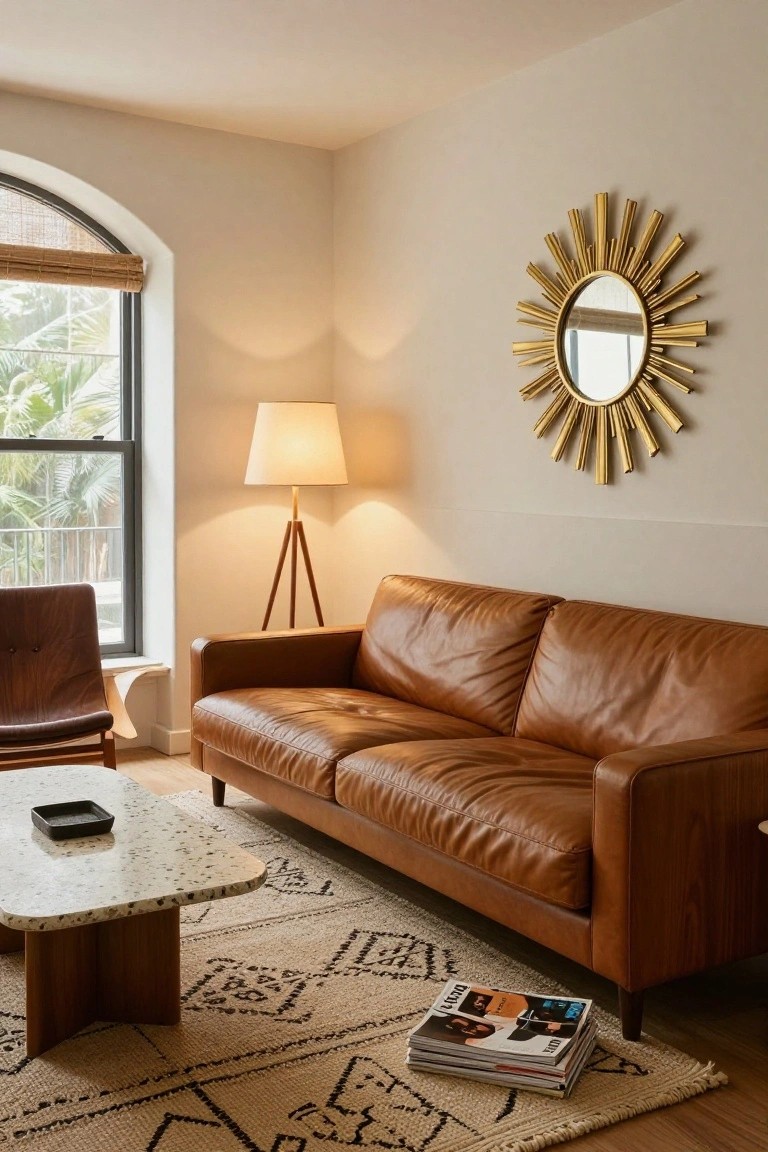 A light-filled living room with tan leather L-shaped sofa, wooden-legged coffee table on Berber rug, tripod floor lamp, Eames-style armchair, gold sunburst mirror on wall, and arched window with bamboo shade overlooking palm trees.