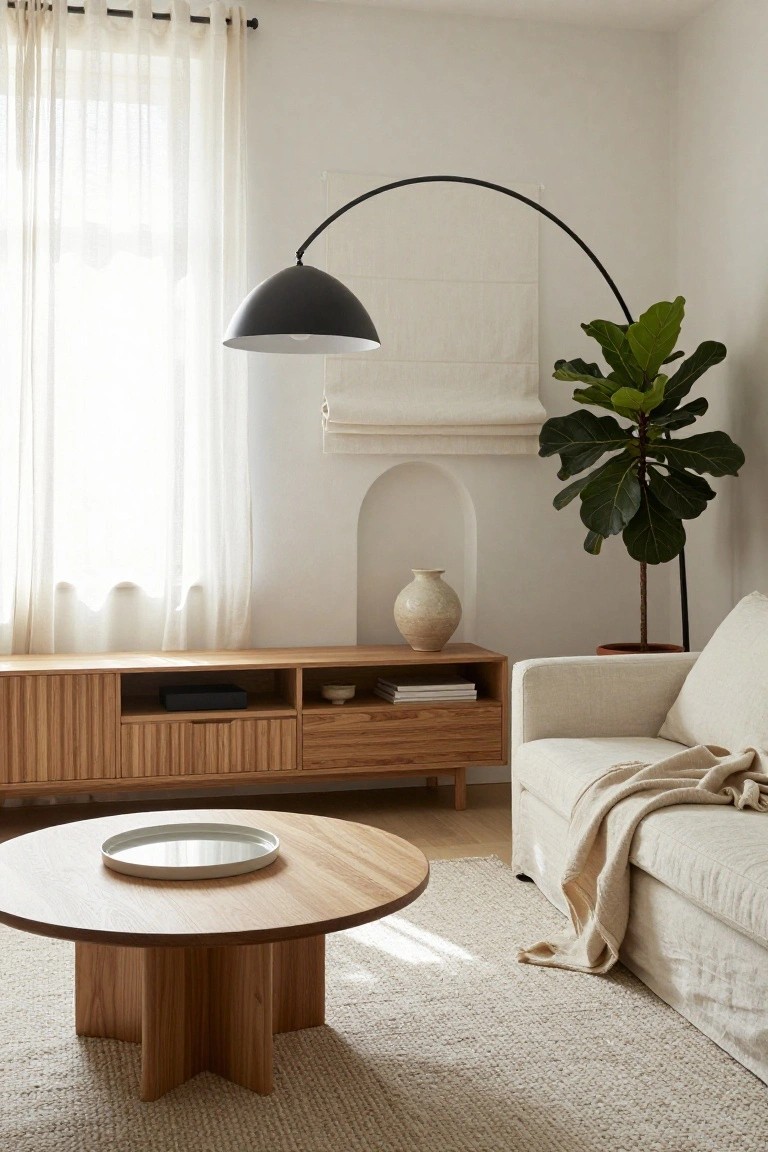 Bright living room with white walls, sheer curtains, arched black floor lamp, wooden media console, round wooden coffee table, beige sofa with throw, fiddle leaf fig plant, and arched wall niche holding a ceramic vase.