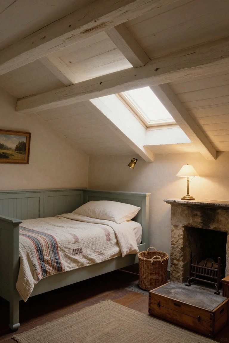 Small attic bedroom with pale green paneled daybed under sloped whitewashed wooden beam ceiling, stone fireplace, skylight, lamp, painting, wicker basket, wooden trunk, and rug on wood floor.