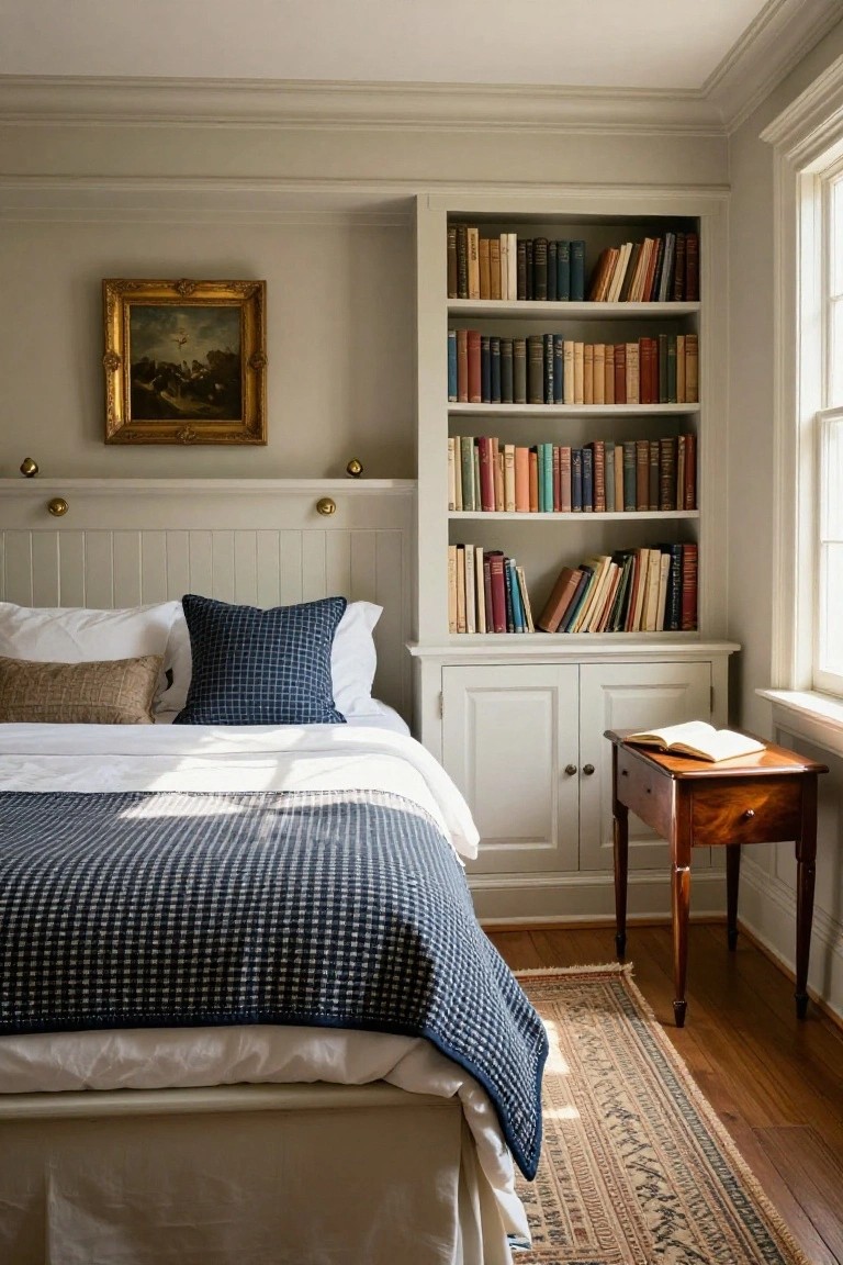 A sunlit bedroom with white paneled headboard flanked by built-in bookshelves filled with colorful books, a bed draped in navy checkered blanket, pillows, wooden side table with open book, and cabinet below shelves.