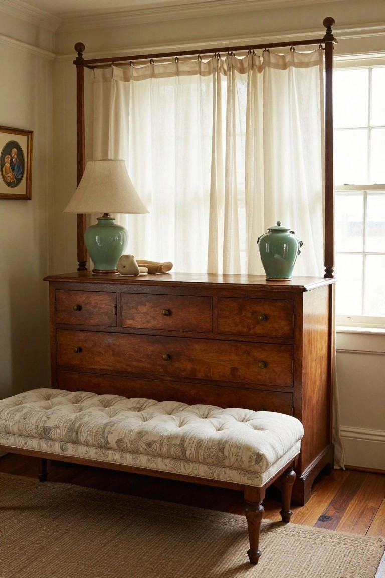 Wooden dresser with brass pulls and a lamp plus vases on top, sheer curtains on a wood rod framing a window, tufted fabric bench in front, and beige walls in a bedroom corner.