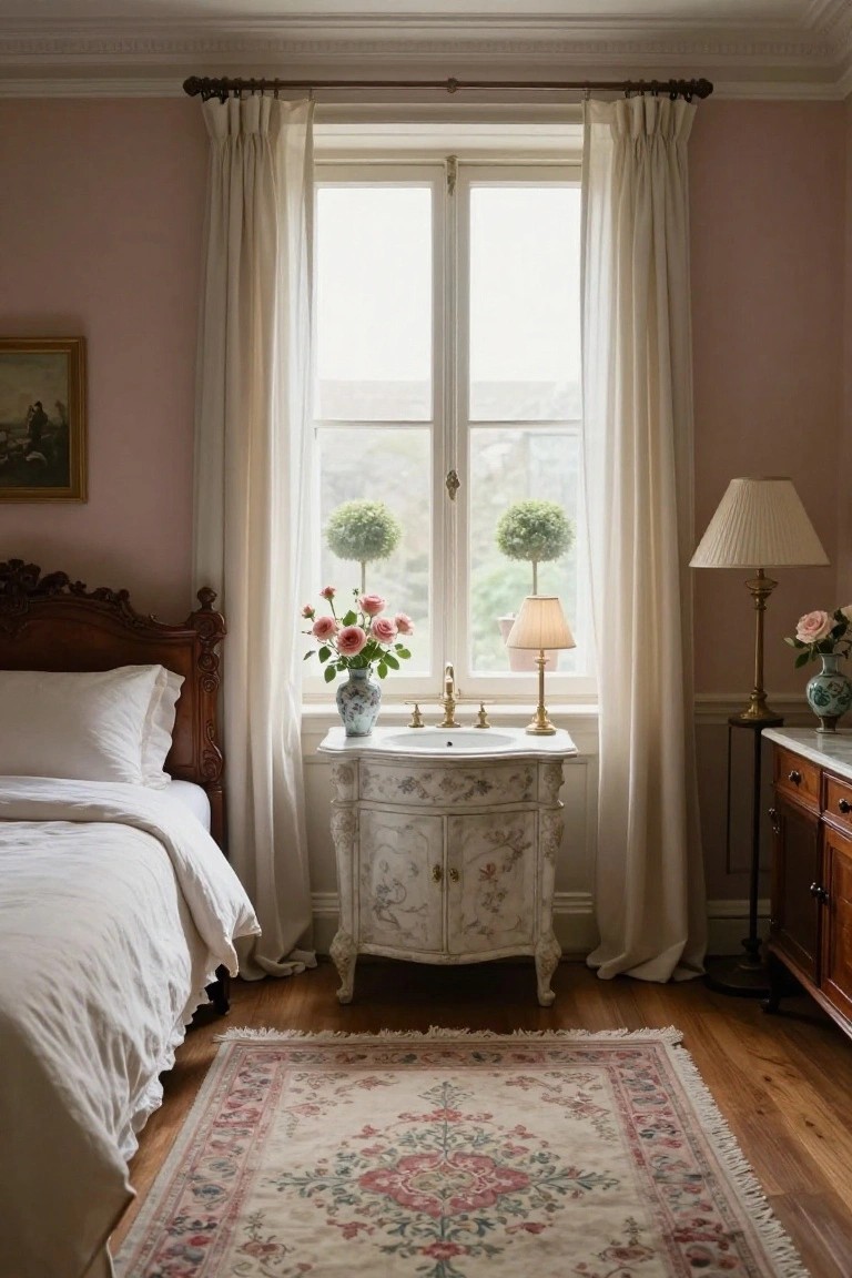 Blush pink bedroom with carved wooden bed draped in white linens, white painted vanity sink holding pink roses by a tall window with sheer curtains, two brass lamps, potted topiaries on windowsill, wooden side table, and floral rug on hardwood floor.