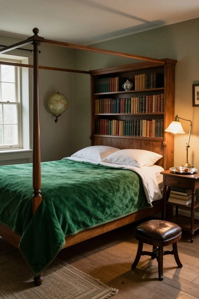 Colonial bedroom featuring a wooden four-poster bed with built-in bookshelves as headboard, green velvet quilt, brass desk lamp on side table, globe on wall, and window with natural light.