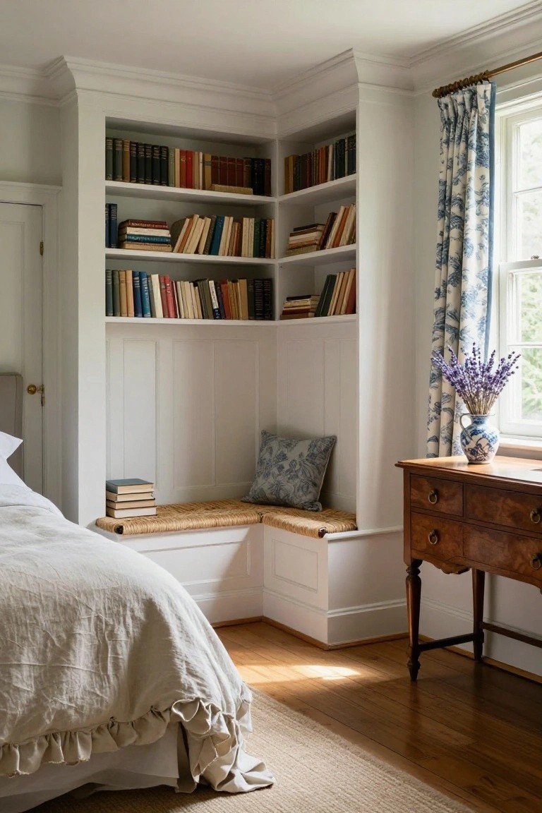 Bedroom corner with built-in white bookshelves surrounding a window seat on a rattan bench with blue cushion, next to a white bed and wooden dresser by a window with blue floral curtains.