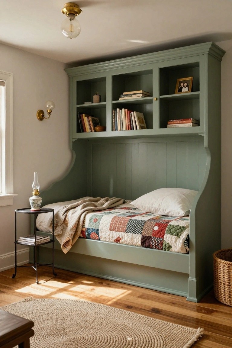 Sage green paneled built-in bookcases with open shelves surround a low daybed covered in a patchwork quilt and pillows, in a bedroom with hardwood floors and a window.