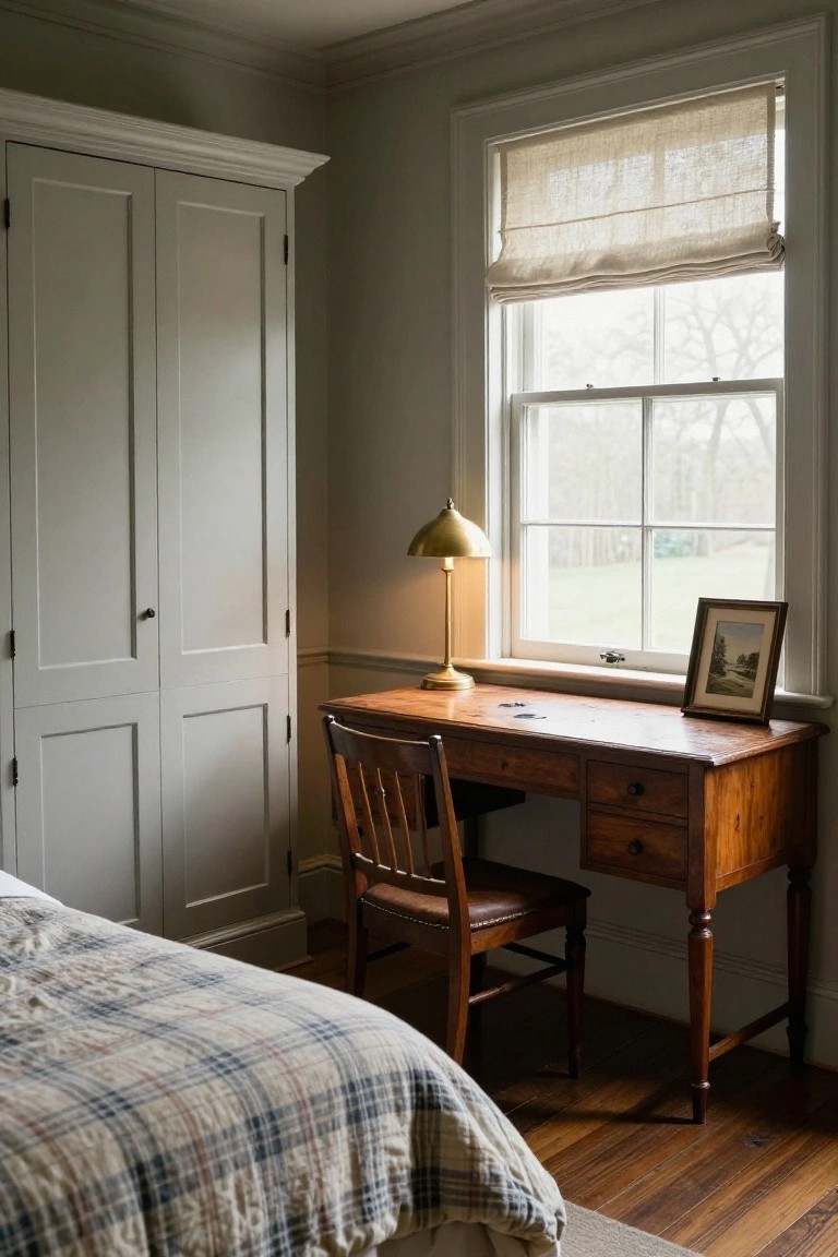 Bedroom corner with tall white wardrobe, wooden desk topped by brass lamp and small framed picture, wooden chair, edge of plaid bed, window with linen roman shade, and wood floor.