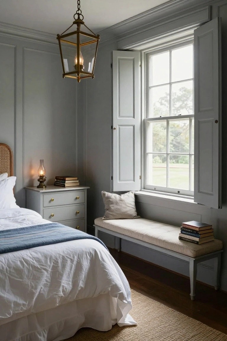 Bedroom with soft gray paneled walls, white bed with blue throw and pillows, rattan headboard, gray dresser with books and lamp, cushioned bench under open white shutters on large multi-pane window overlooking green lawn, seagrass rug on wood floor.
