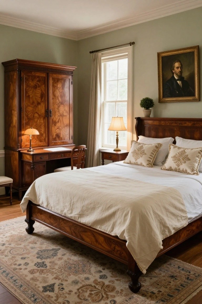 Sage green bedroom with large carved wooden armoire, wooden desk and chair, wooden bed with white linens and pillows, brass lamps, potted plant, gilded portrait, and window with sheer curtains.