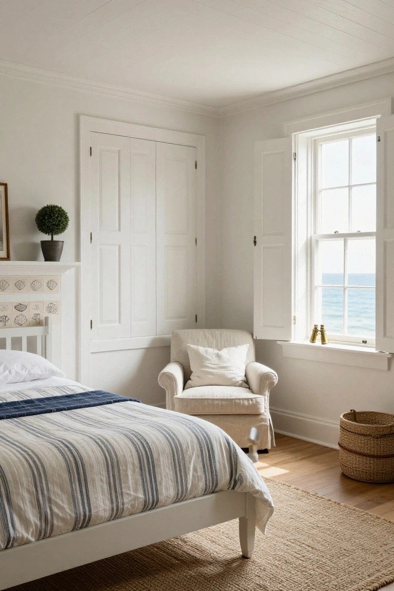 White corner bedroom with twin bed draped in blue and white striped linens, beige armchair with pillows, open louvered shutters on window overlooking ocean, bi-fold white closet doors nearby, shell tiles on shelf, boxwood plant, and wicker basket on wood floor.