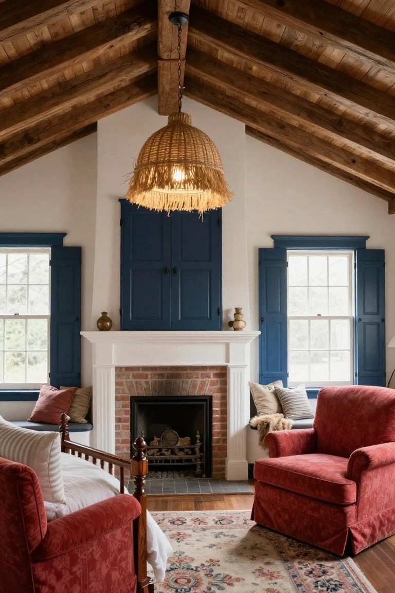 Colonial-style bedroom interior with exposed wooden ceiling beams, rattan pendant light, navy-painted shutters on windows and double doors above a white fireplace mantel enclosing a brick firebox, two red armchairs, a window bench with pillows and bedding, and an oriental rug on hardwood floors.