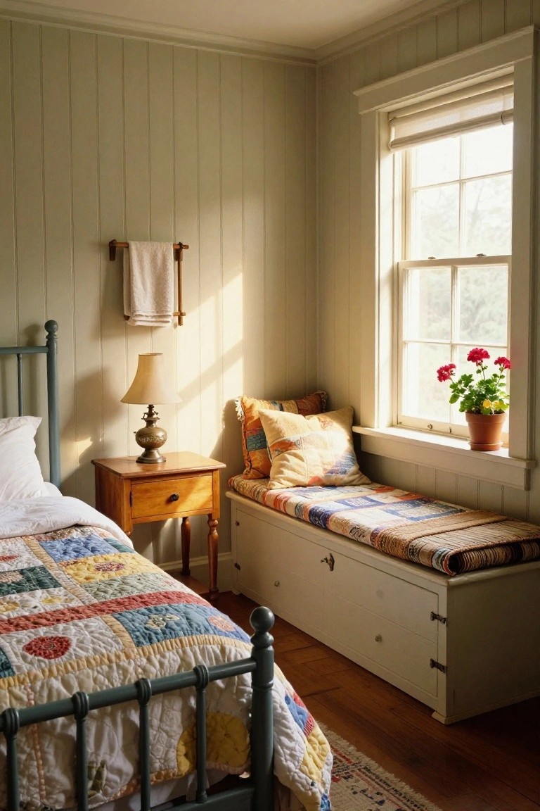 Sunlit bedroom corner with green iron bed covered in colorful patchwork quilt, wooden nightstand with lamp, white built-in window seat with cushions and drawers, and potted red geraniums on the windowsill.
