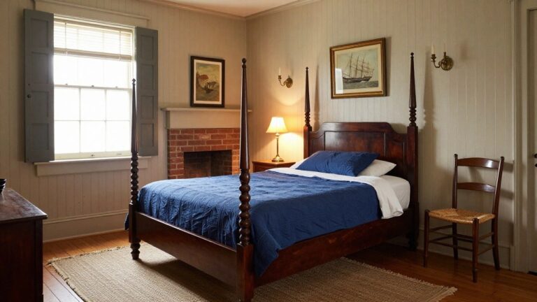 Bedroom interior with wooden four-poster bed covered in white quilted bedding and pillows, rush-seat wooden chair nearby, nightstand with lamp, and beige paneled walls.