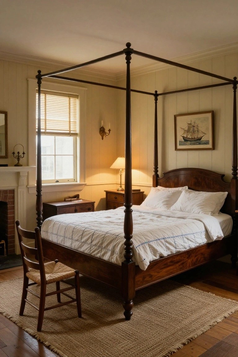 Bedroom interior with wooden four-poster bed covered in white quilted bedding and pillows, rush-seat wooden chair nearby, nightstand with lamp, and beige paneled walls.