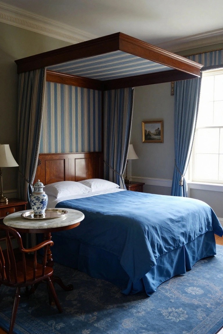 Colonial bedroom with wooden four-poster bed featuring blue and white striped canopy drapes and matching bed skirt, blue bedding, marble-topped side table with blue porcelain vase and lamp, striped wall fabric, and blue window curtains.