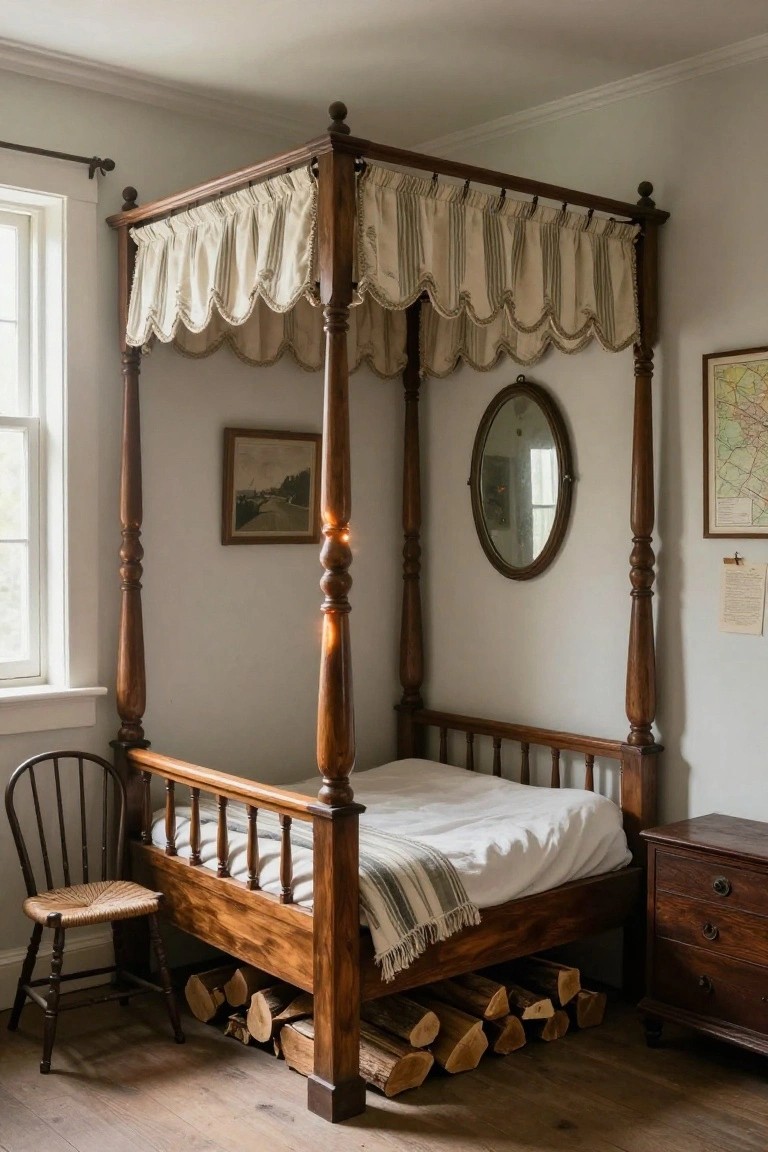 Wooden four-poster canopy bed with white linens in a rustic bedroom.