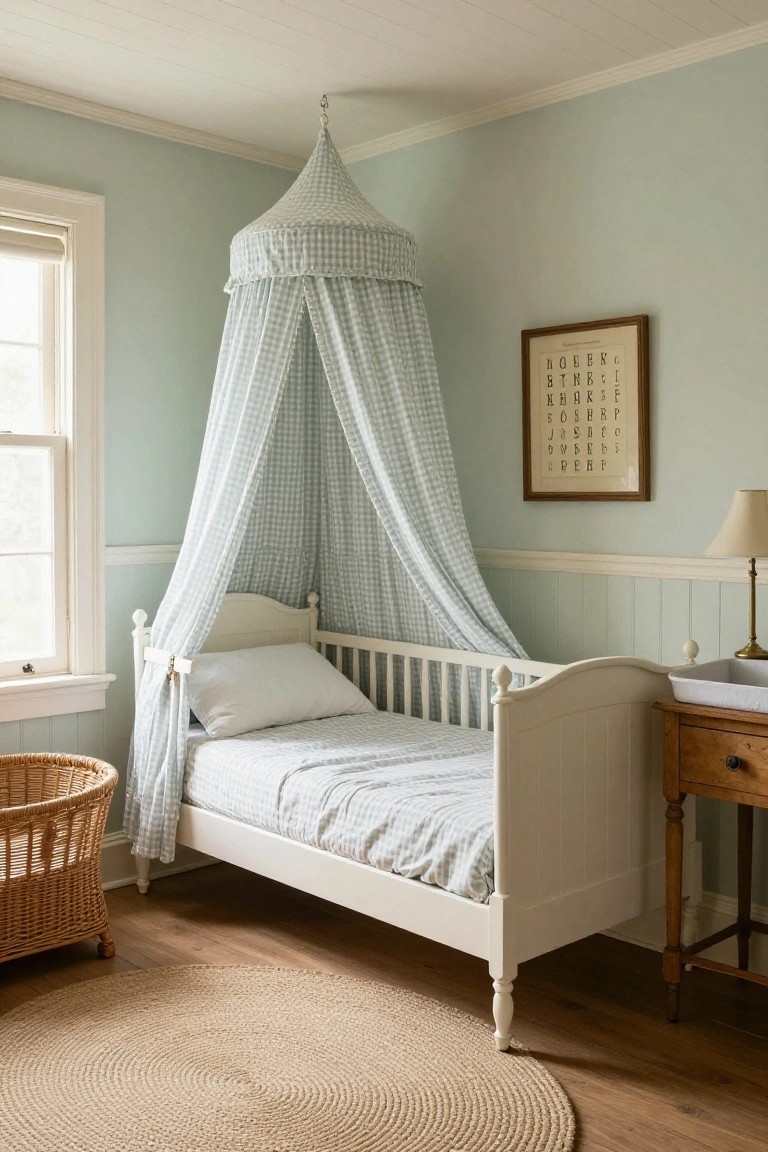 Pale blue nursery room with white wooden crib under green gingham canopy, wooden changing table nearby, wicker bassinet, alphabet print on wall, seagrass rug on hardwood floor.