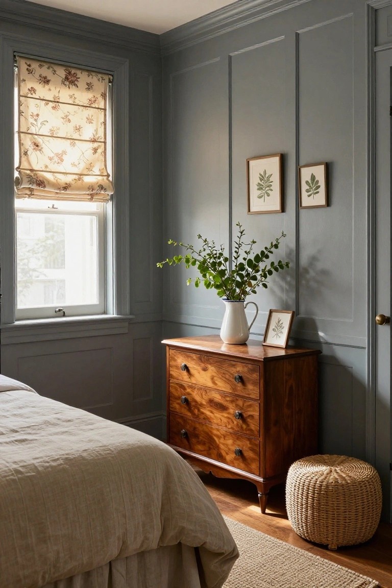 Corner of a bedroom with light gray paneled walls, wooden dresser topped with white jug of green branches and small framed botanical prints, beside bed with beige linens and wicker stool on wood floor.