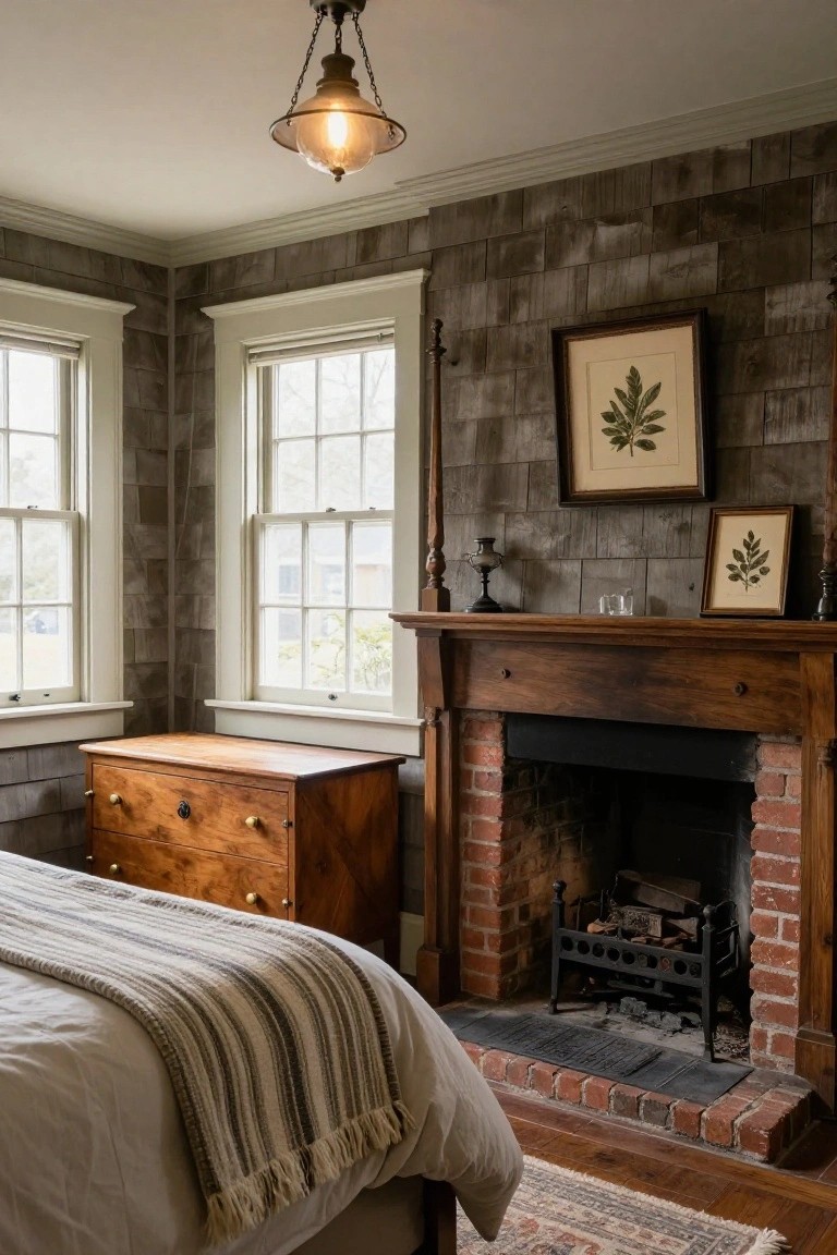 Corner of a colonial-style bedroom with gray shingle-paneled walls, white-trimmed sash windows, wooden low dresser, bed with white linens and striped throw, brick fireplace with wooden mantel, and framed botanical prints above the mantel.