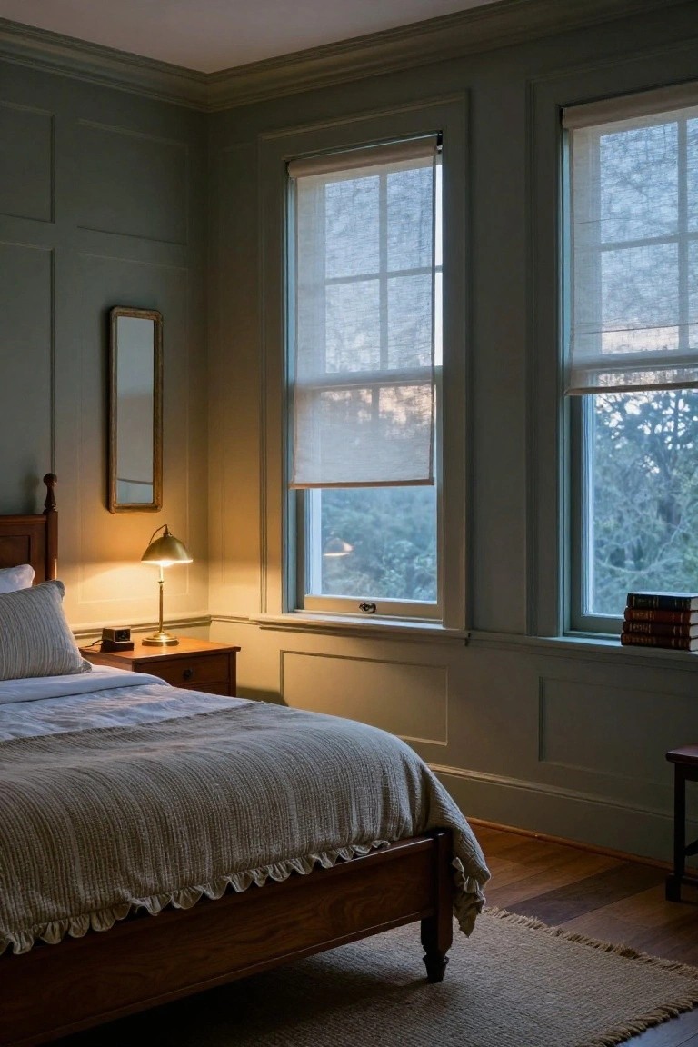 Colonial bedroom with sage green paneled walls, wooden bed draped in white linens, brass lamp on nightstand, sheer shades on multi-pane windows, books on windowsill, and hardwood floors with seagrass rug.