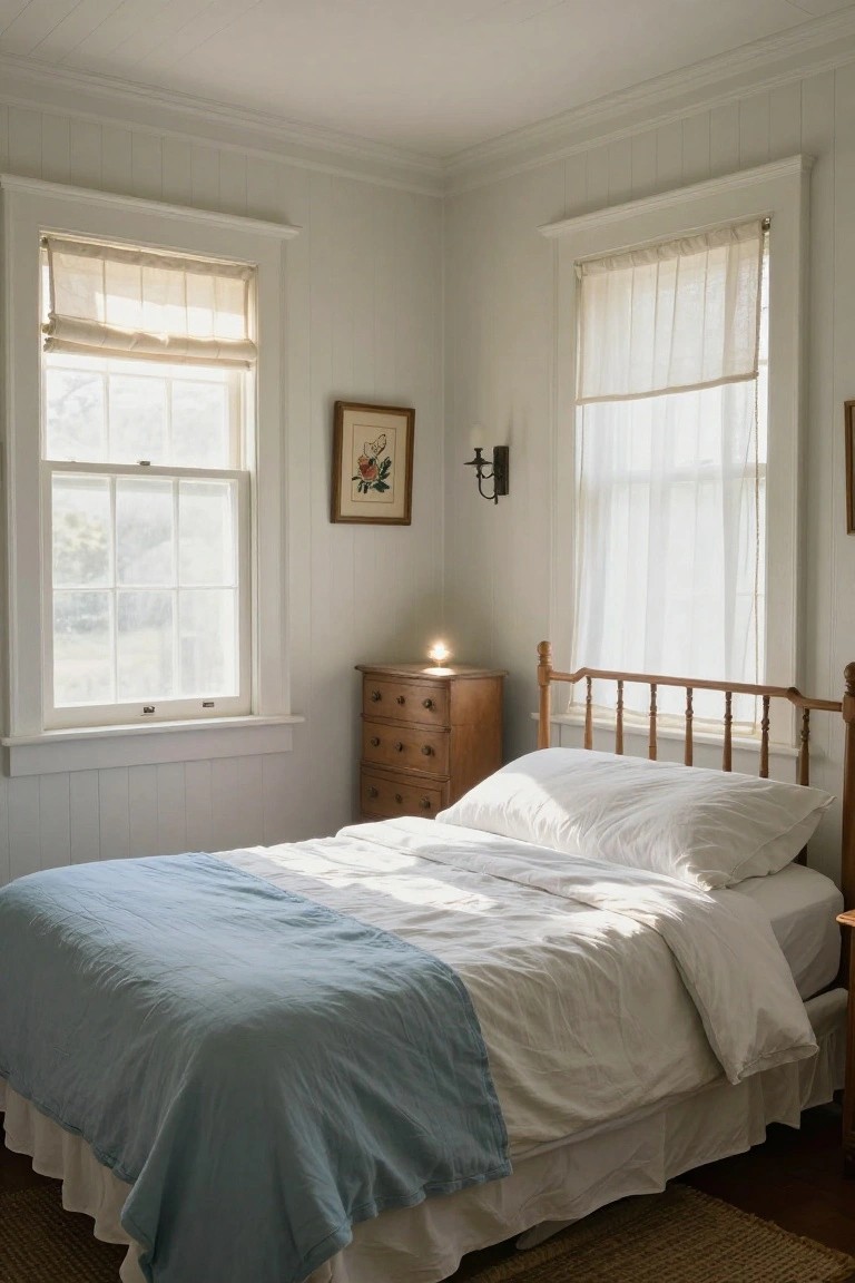 Sunlit corner of a white shiplap-walled bedroom with two large double-hung windows covered by beige sheer roman shades, wooden spindle bed with white bedding and blue linen throw draped over it, wooden dresser with lamp, and small framed artwork on wall.